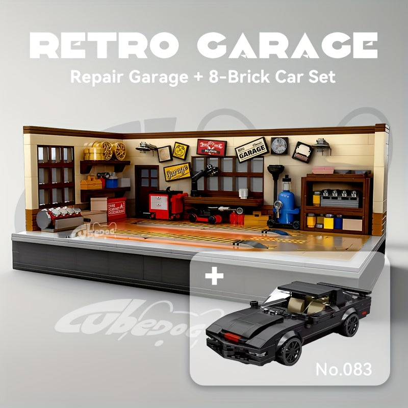 1001pcs Vintage Garage Building Block Set, Compatible with Mini Eight-Slot Car Models for MOC Scenes, DIY Miniature Car Repair Shop Toy, Perfect for Car Enthusiasts to Collect, Holiday Gift.
