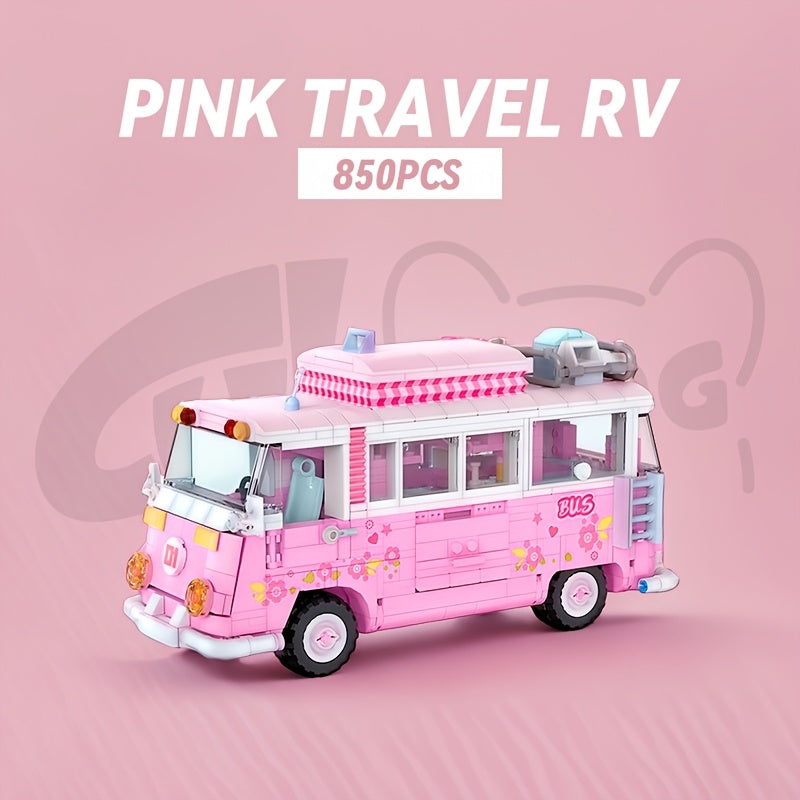 Pink Princess Cute Bus Building Block Toy, Holiday outdoor camper caravan RV model, girls Christmas and Valentine's Day gift, Travel Toy, Outdoor Play, Playful Design, Whimsical Toy, Travel Vehicle