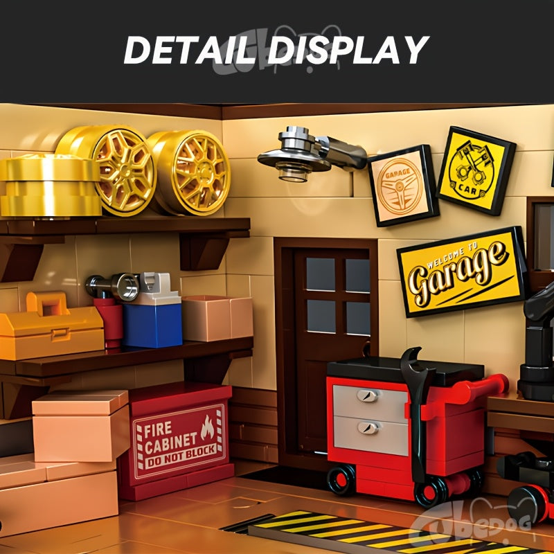1001pcs Vintage Garage Building Block Set, Compatible with Mini Eight-Slot Car Models for MOC Scenes, DIY Miniature Car Repair Shop Toy, Perfect for Car Enthusiasts to Collect, Holiday Gift.