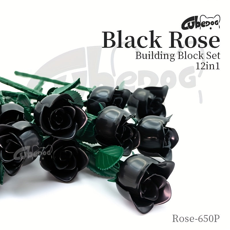 Gothic Black Rose Bouquet Building Blocks Set, Artificial Everlasting Flower Plant Series Model Toy, Includes 12 Roses, Adult Home Decor Ornament, Valentine'S Day and Birthday Gift, 1002+pcs