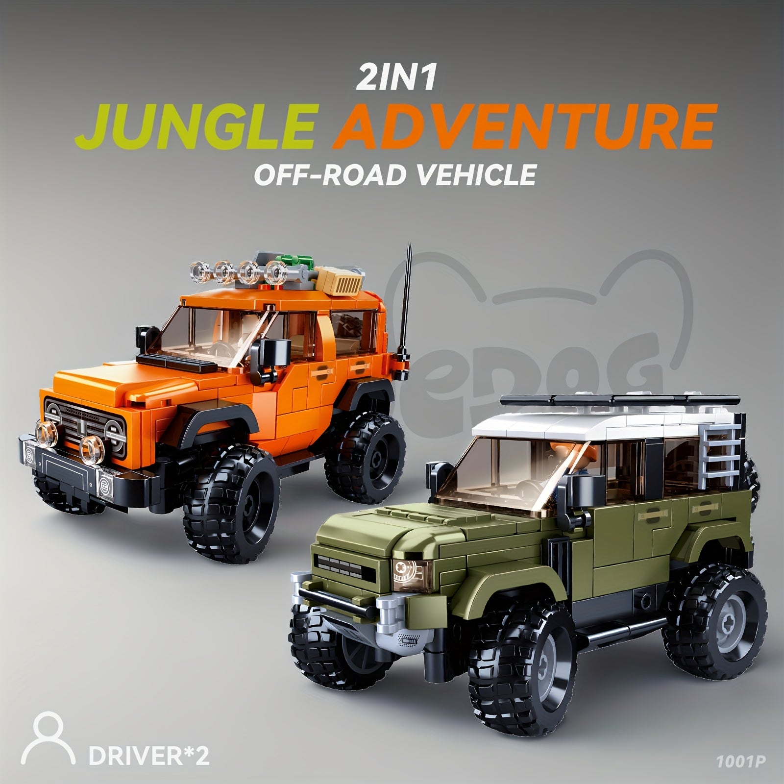 2in1 Jungle Off-Road Vehicle Building Block Set with 2 Drivers - Green & Orange Dinosaur Forest Exploration Car Toy Model, 1001pcs, ABS Material, Perfect for Adult Car Enthusiasts, Christmas Gift, Vehicle Building Blocks | Dinosaur Theme | Detailed