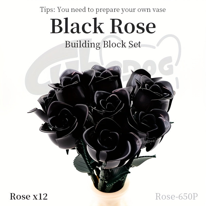 Gothic Black Rose Bouquet Building Blocks Set, Artificial Everlasting Flower Plant Series Model Toy, Includes 12 Roses, Adult Home Decor Ornament, Valentine'S Day and Birthday Gift, 1002+pcs