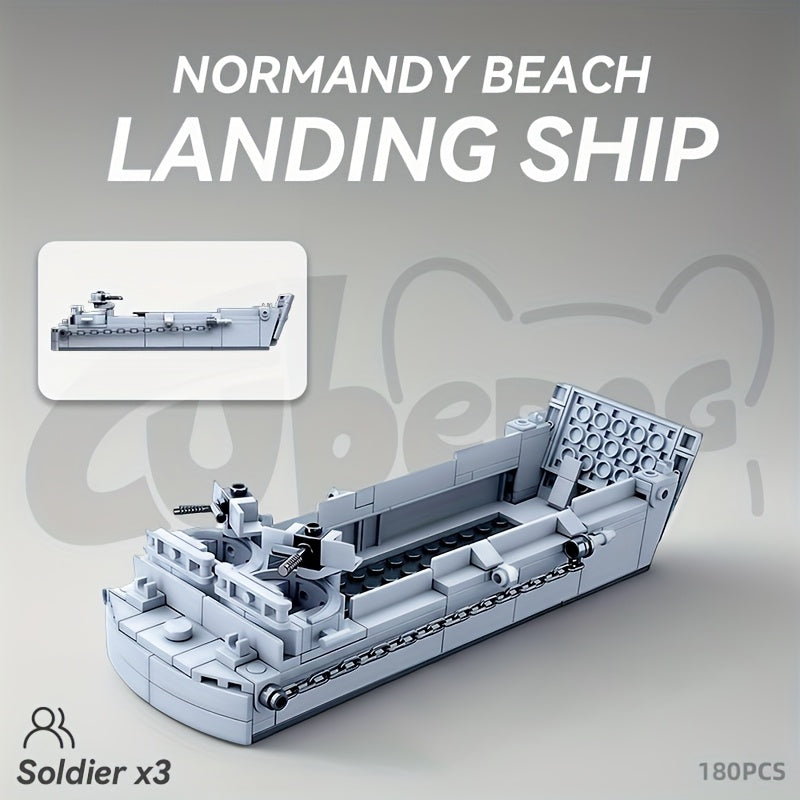 American Military Amphibious Landing Ship Building Block Toy Set, Normandy Amphibious Transport Ship Assembly Model with Three Soldiers, Educational Toy for Kids, Classic Movie and TV Series Boat, Military Enthusiast Christmas Gift
