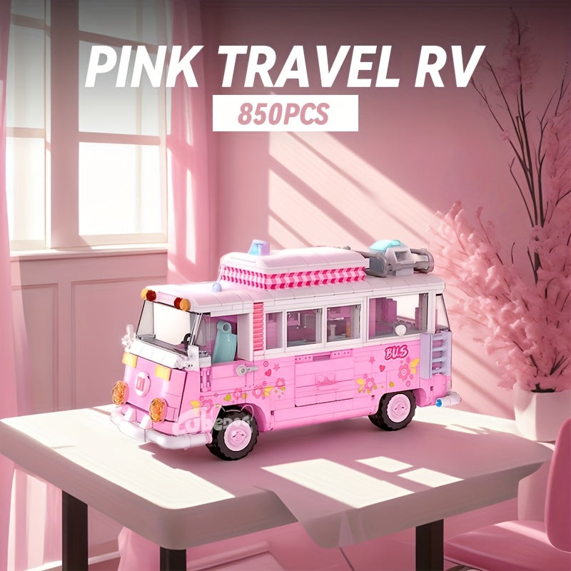 Pink Princess Cute Bus Building Block Toy, Holiday outdoor camper caravan RV model, girls Christmas and Valentine's Day gift, Travel Toy, Outdoor Play, Playful Design, Whimsical Toy, Travel Vehicle