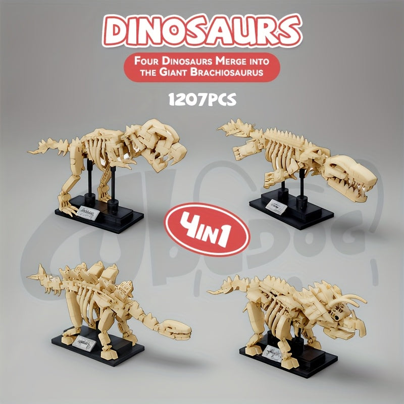 4in1 Jurassic Dinosaur Fossil Building Block Toy Set, Tyrannosaurus, Stegosaurus, Triceratops, Mosasaurus Can be combined into a Large Brachiosaurus, Adult Museum Park Series Model, 1200+pcs