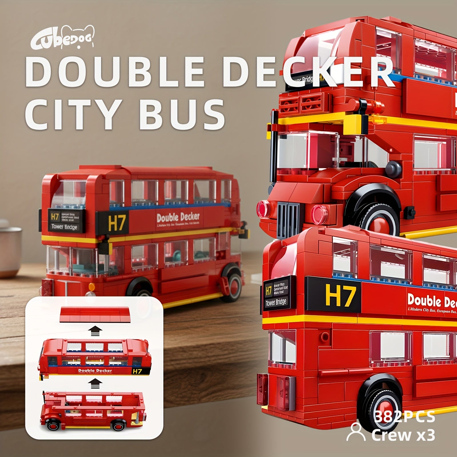 Red Vintage Double-Decker Bus Building Block Set, British Style Classic City Bus Model, City Traffic Series, Includes Three Passengers, Quick-Release Design to Show, Interior Details, Educational Toy For Kids, Car Enthusiast Collectible Display