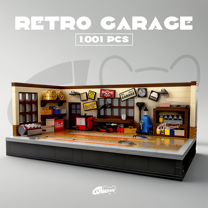 1001pcs Vintage Garage Building Block Set, Compatible with Mini Eight-Slot Car Models for MOC Scenes, DIY Miniature Car Repair Shop Toy, Perfect for Car Enthusiasts to Collect, Holiday Gift.