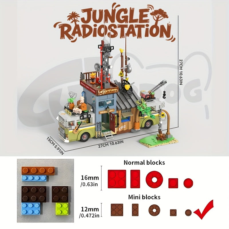 1386pcs Jungle Camping Broadcast Station RV Building Blocks Set with Dinosaur Forest Exploration Theme - 3.6mm Bricks, 1:1 Scale, Detailed Construction Kit, Desktop Ornament Home Decor