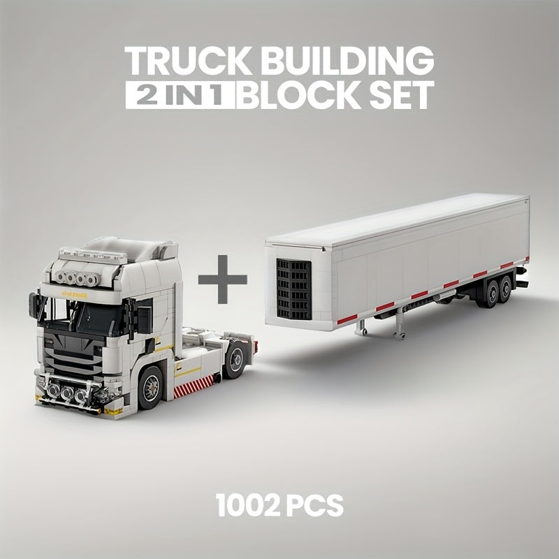 1002pcs 2in1 European truck building block set toys, trucks can be connected to containers, free combination models, suitable for truck enthusiasts to collect, can be used as holiday gifts