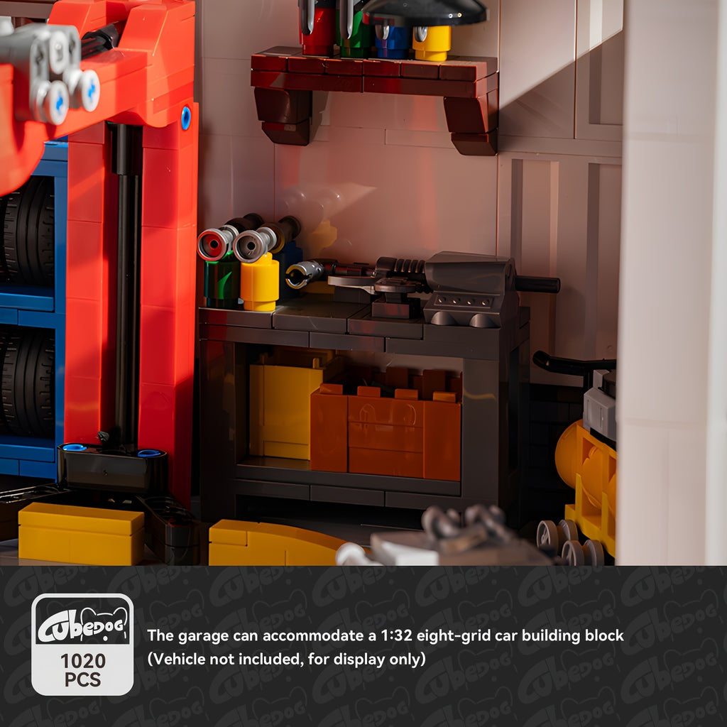 MOC Car Modification Factory Miniature Scene Building Blocks Set, American Auto Repair Shop Eight Compartment Garage Construction Toy for 1:32 Car Eight Compartment Car Model, Car Lovers Christmas Gift, 1020pcs