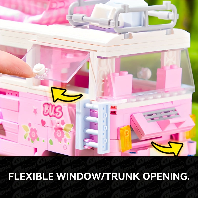 Pink Princess Cute Bus Building Block Toy, Holiday outdoor camper caravan RV model, girls Christmas and Valentine's Day gift, Travel Toy, Outdoor Play, Playful Design, Whimsical Toy, Travel Vehicle