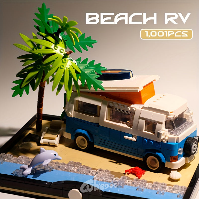 Holiday Beach RV Street View Building Block Set, Island Camping Scene Architecture Christmas Travel Bus Car Model Toy, Multiple Opening And Closing Designs, Halloween Decoration Gift, 1001pcs