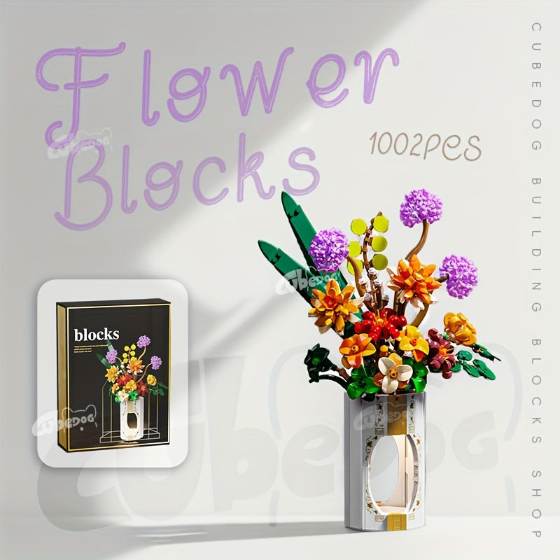 1002pcs Simulation Flower Bouquet Building Blocks Set, Eternal Flower Model, Flower Pot Plant Toy, Mother'S Day Bouquet Decoration Ornament, Suitable for Birthday Gifts, Christmas Valentine'S Day Gif