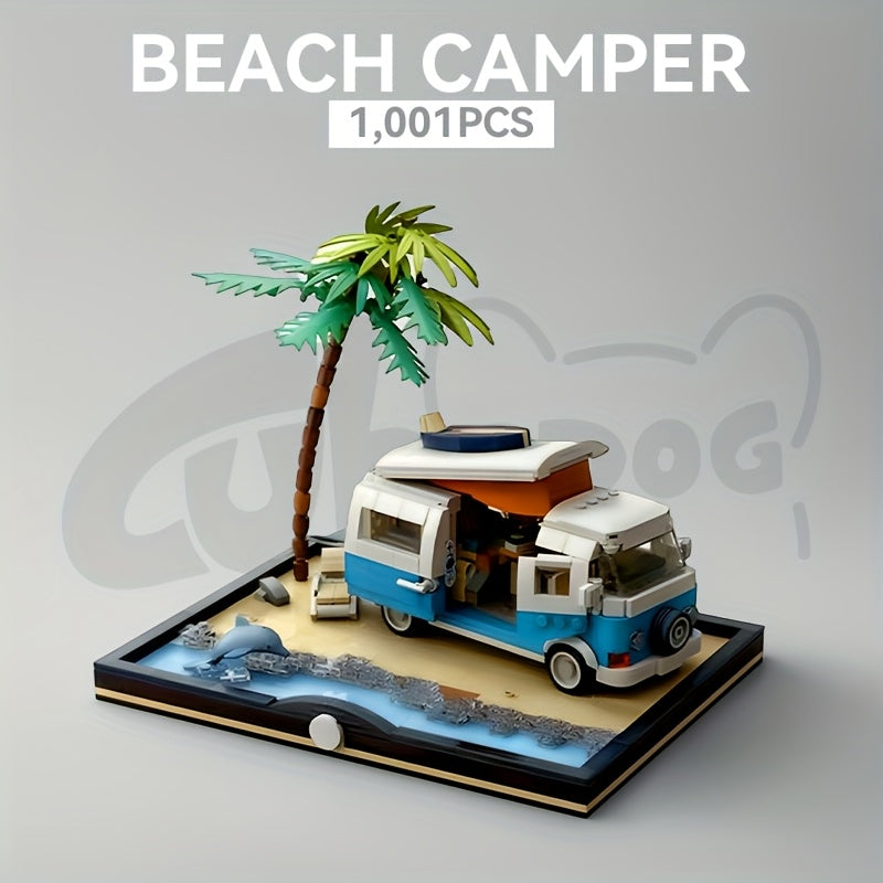 Beach Camper Van Building Blocks Set, Holiday Travel Toy Miniature Landscape Model, Adult Seaside Scene Decor, 1001pcs