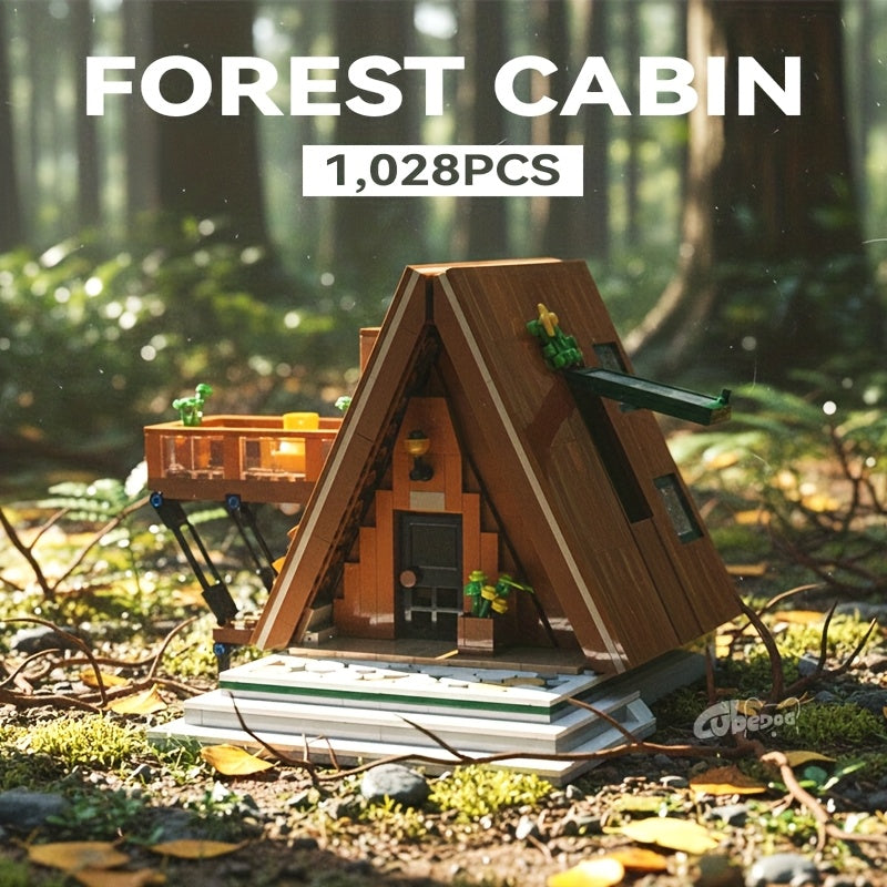 1028pcs Forest Cabin Building Block Model Set, Outdoor A-Type Hunter'S Hut Treehouse Street Scene Assembly Toy, Adult Home Decor Collectible, Christmas Gift, Building Block Set, House Construction Block, Log House Kit, Log Cabin Building Block