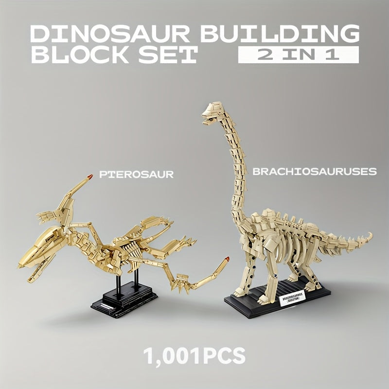 1001pcs 2in1 Jurassic Dinosaur Park Building Block Set, Dinosaur World Educational Toys, Pterodactyl and Brachiosaurus Fossil Ornament Models for Collections, Easter and Holiday Gifts