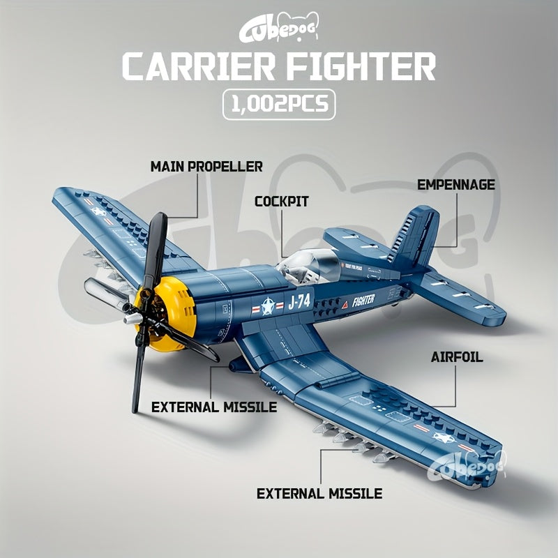 1002pcs F4-U Classic American Fighter Building Blocks, Pirate Ship Carrier Model, Military Theme Series Plane Ornament, Adult Military Enthusiast Collection, Easter Christmas Holiday Gift