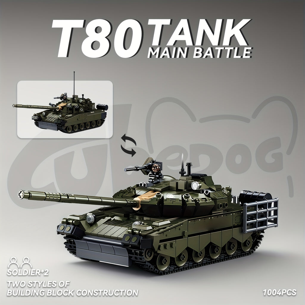 1004pcs T80 Modern Heavy Main Battle Tank Building Blocks Set - 2-in-1 Transformable Military Model with Soldiers, Large-Scale Armored Vehicle Toy, Realistic Replica for & Collectors, Christmas Gift (Military Green, 1004pcs)