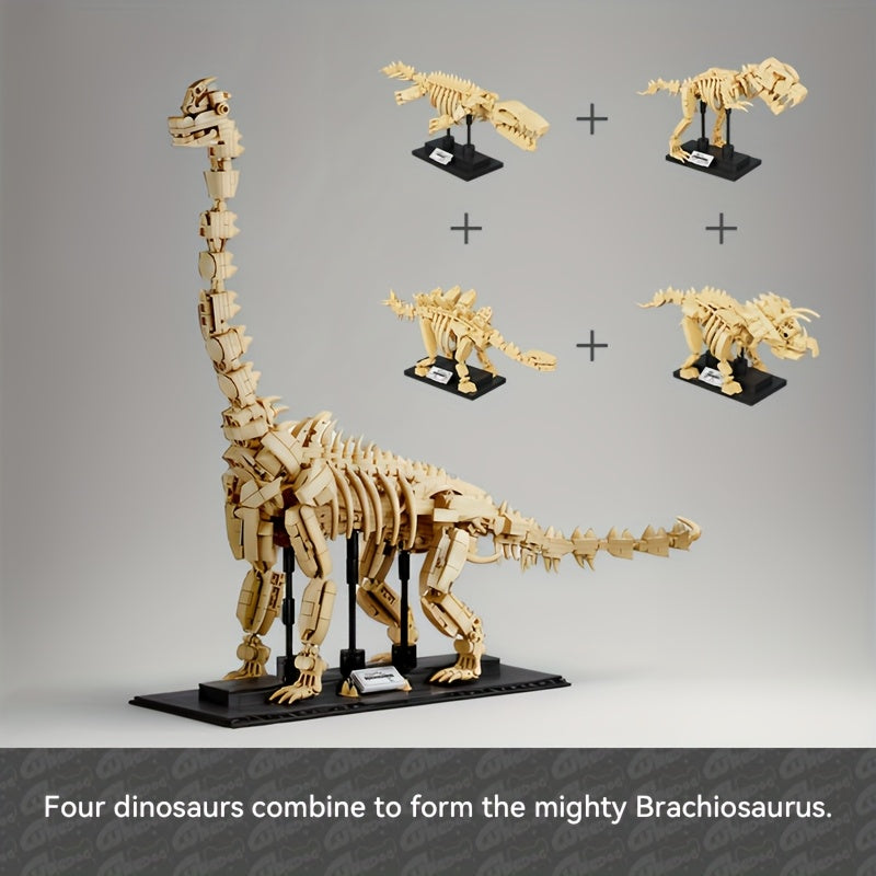 4in1 Jurassic Dinosaur Fossil Building Block Toy Set, Tyrannosaurus, Stegosaurus, Triceratops, Mosasaurus Can be combined into a Large Brachiosaurus, Adult Museum Park Series Model, 1200+pcs