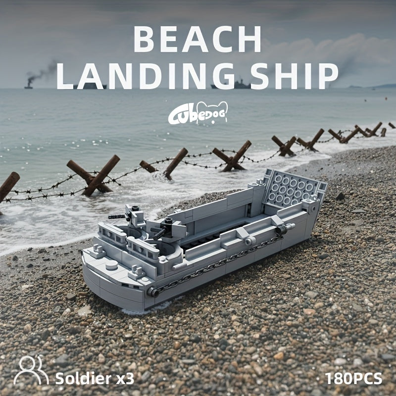 American Military Amphibious Landing Ship Building Block Toy Set, Normandy Amphibious Transport Ship Assembly Model with Three Soldiers, Educational Toy for Kids, Classic Movie and TV Series Boat, Military Enthusiast Christmas Gift