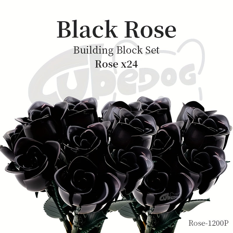 Gothic Black Rose Bouquet Building Blocks Set, Artificial Everlasting Flower Plant Series Model Toy, Includes 12 Roses, Adult Home Decor Ornament, Valentine'S Day and Birthday Gift, 1002+pcs