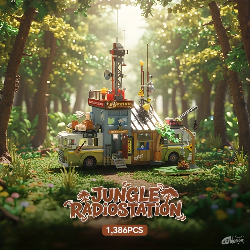 1386pcs Jungle Camping Broadcast Station RV Building Blocks Set with Dinosaur Forest Exploration Theme - 3.6mm Bricks, 1:1 Scale, Detailed Construction Kit, Desktop Ornament Home Decor