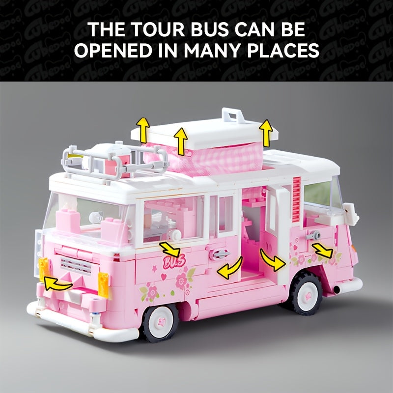 Pink Princess Cute Bus Building Block Toy, Holiday outdoor camper caravan RV model, girls Christmas and Valentine's Day gift, Travel Toy, Outdoor Play, Playful Design, Whimsical Toy, Travel Vehicle