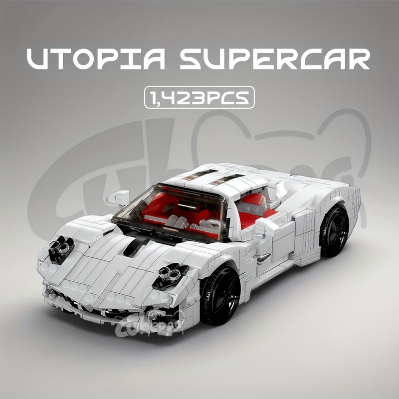 1423pcs White Utopia Super Sports Car Building Blocks Toy, Luxury Outdoor Vacation Car Model, Perfect collection ornaments for car enthusiasts, Ideal Birthday and Holiday Gift.