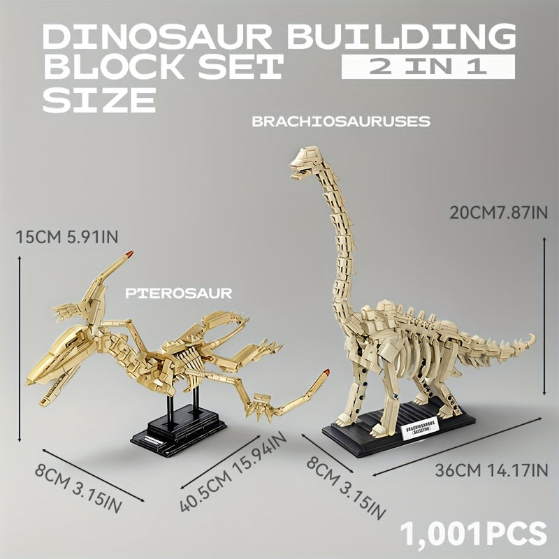 1001pcs 2in1 Jurassic Dinosaur Park Building Block Set, Dinosaur World Educational Toys, Pterodactyl and Brachiosaurus Fossil Ornament Models for Collections, Easter and Holiday Gifts