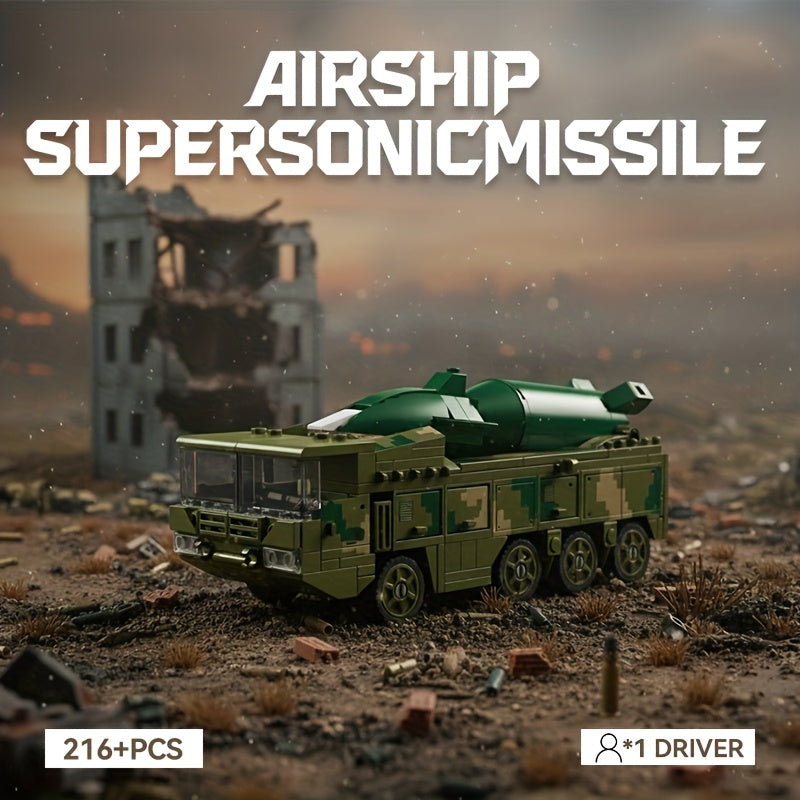 Supersonic Missile Launch Vehicle Building Block Toy Set - Military Heavy Truck Model with Elevatable Missiles, Soldier Figure & 216+pcs Construction Kit, Stem Educational Toy For Kids, Collectible Display For Military Enthusiasts, Christmas Gift