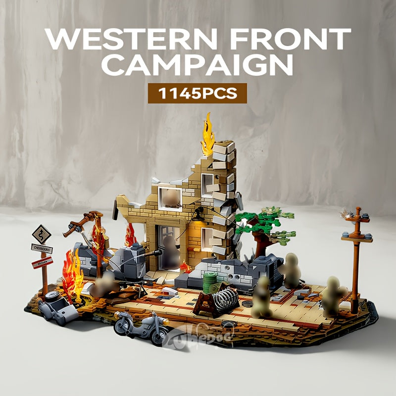 Western Front Battle Ruins Scene Building Set, Historical Simulation Street Scene Toy, Includes Six Soldier and Equipment Models, Gift for Military History Enthusiasts, 1100+pcs