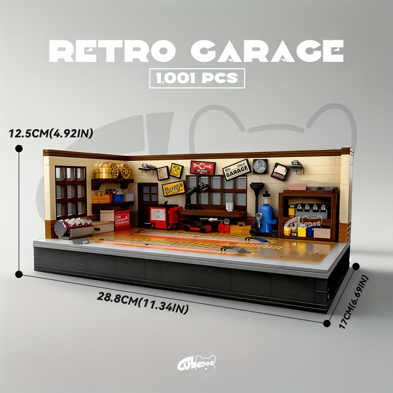 1001pcs Vintage Garage Building Block Set, Compatible with Mini Eight-Slot Car Models for MOC Scenes, DIY Miniature Car Repair Shop Toy, Perfect for Car Enthusiasts to Collect, Holiday Gift.
