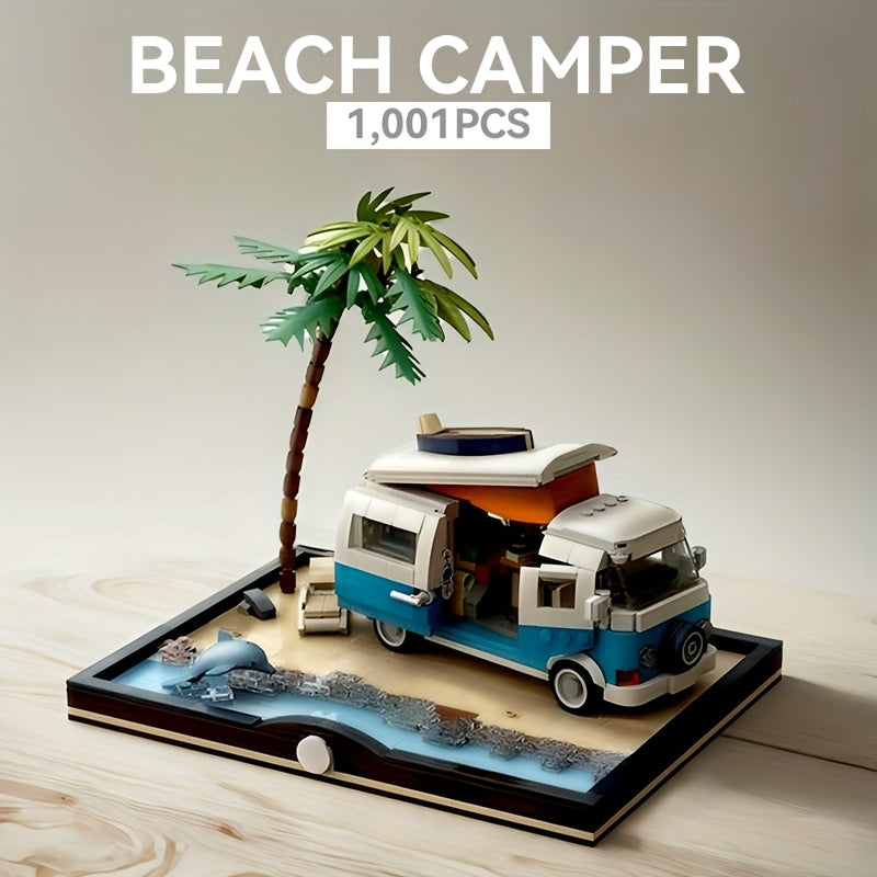 Beach Camper Van Building Blocks Set, Holiday Travel Toy Miniature Landscape Model, Adult Seaside Scene Decor, 1001pcs