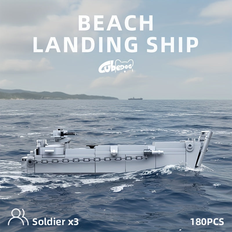 American Military Amphibious Landing Ship Building Block Toy Set, Normandy Amphibious Transport Ship Assembly Model with Three Soldiers, Educational Toy for Kids, Classic Movie and TV Series Boat, Military Enthusiast Christmas Gift