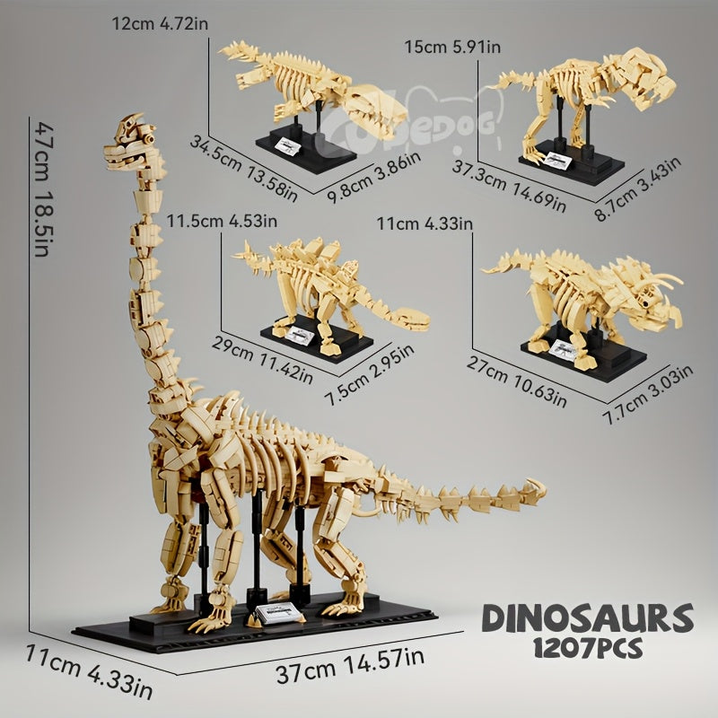 4in1 Jurassic Dinosaur Fossil Building Block Toy Set, Tyrannosaurus, Stegosaurus, Triceratops, Mosasaurus Can be combined into a Large Brachiosaurus, Adult Museum Park Series Model, 1200+pcs