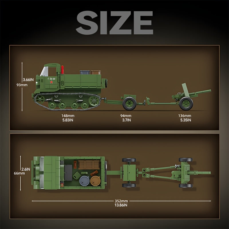 Military Medium Tracked Tractor and Anti-Tank Gun Building Block Set, Military Series Military Truck, Armored Vehicle, Ammunition Transport Vehicle, and Artillery Model Toy, Includes 3 Soldiers, Christmas Halloween Birthday Gift for Military