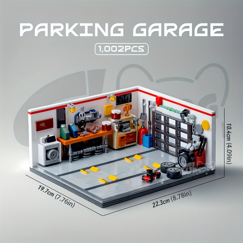 1002pcs Mini Sports Car Garage Building Blocks Set, MOC Scene can be matched with mini JDM 8-Bricks car model, DIY Car repair miniature toys, suitable for car enthusiasts collection, holiday gifts