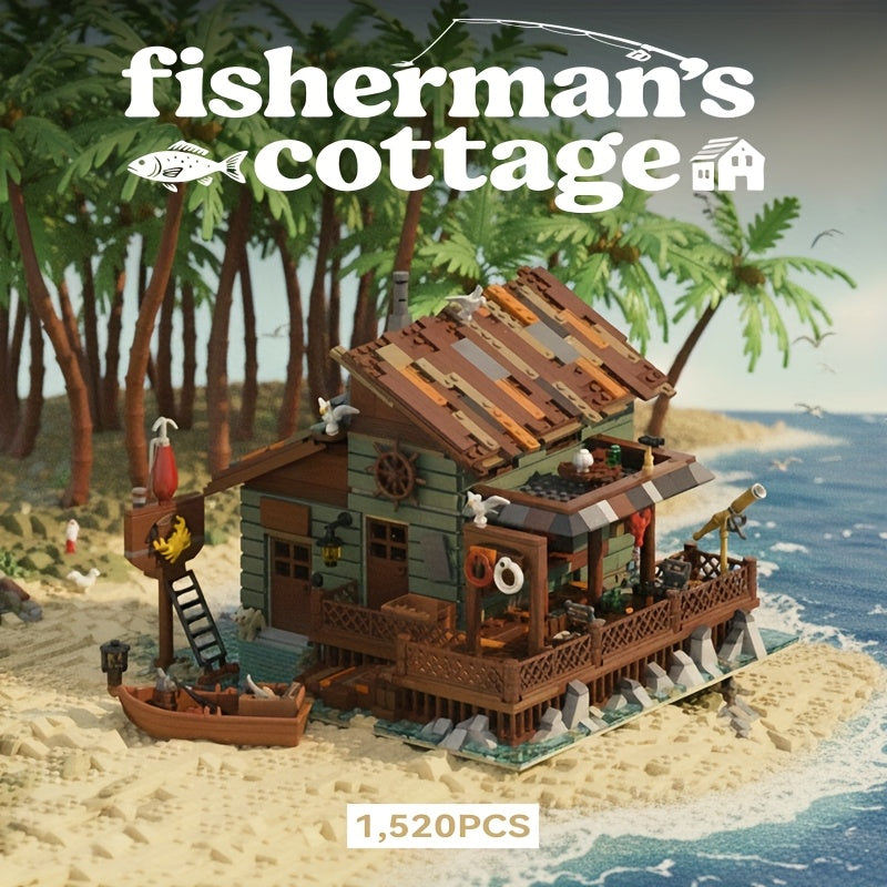 1520pcs MOC Fisherman's Hut Building Set with Interlocking Bricks, Miniature Fishing Boat & Nautical - Large-Scale Model Cabin for Adults &, Challenging Assembly, Display or Play, Christmas Gift (European