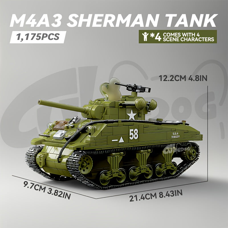M4A3 Sherman Tank Building Blocks Set, Classic American Heavy Armored Vehicle Toy with Four Soldier Models and Weapons, Movie and Military Enthusiast Holiday Gift, 1100+pcs, ABS Material,Detailed Model, Building Blocks Toys