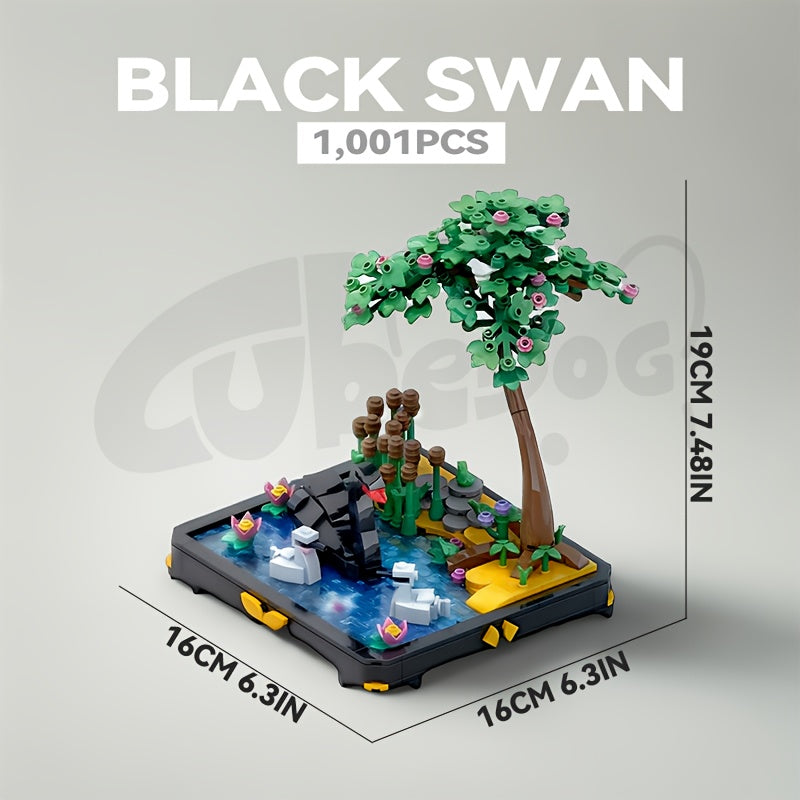 Swan Pond Miniature Landscape Building Block Set, Black Swan Magic Lake Artificial Plant Flower Outdoor Scene Model Toy Ornament, Classic Animation Fan Halloween Gift, 1001+pcs