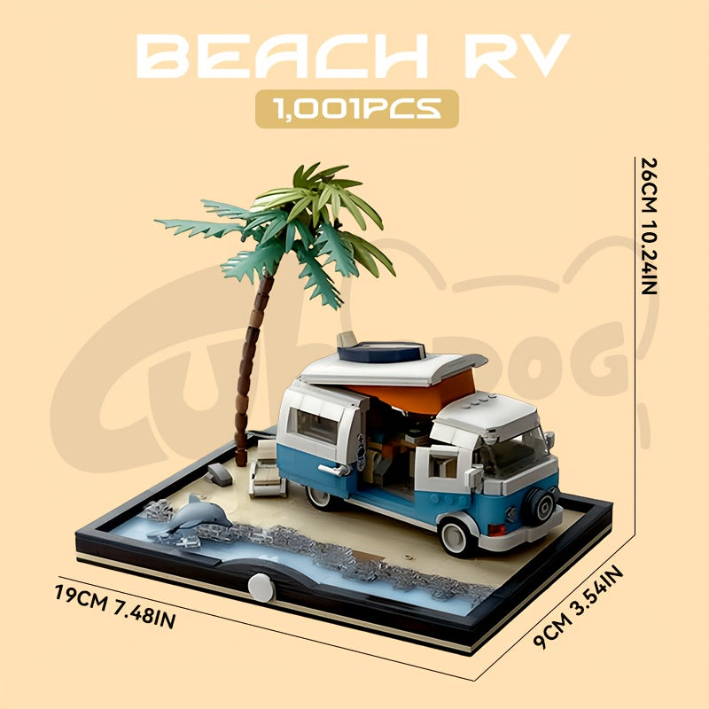 Holiday Beach RV Street View Building Block Set, Island Camping Scene Architecture Christmas Travel Bus Car Model Toy, Multiple Opening And Closing Designs, Halloween Decoration Gift, 1001pcs