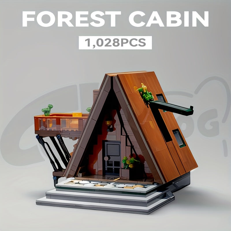 1028pcs Forest Cabin Building Block Model Set, Outdoor A-Type Hunter'S Hut Treehouse Street Scene Assembly Toy, Adult Home Decor Collectible, Christmas Gift, Building Block Set, House Construction Block, Log House Kit, Log Cabin Building Block