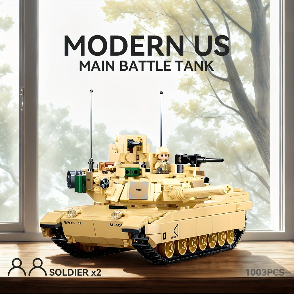 Modern US Main Battle Tank Building Blocks Toy, Classic Armored Vehicle Desert Military Model with Rotatable Turret Design, Includes Two Soldiers Figures, Military Enthusiast Christmas Gift, 1001+pcs, Building Block Military, Tank Building Block