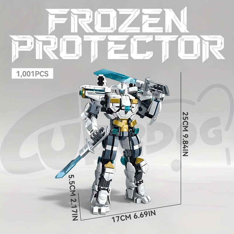 1001pcs Frost Guardian Mecha Building Set - Large-Scale White & Blue Sci-Fi Robot Model Kit with Poseable Armored Figure, Missile Launcher & Sword-Like Weapon - Challenging Assembly for & s, Christmas/Halloween Gift