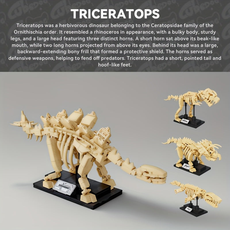 4in1 Jurassic Dinosaur Fossil Building Block Toy Set, Tyrannosaurus, Stegosaurus, Triceratops, Mosasaurus Can be combined into a Large Brachiosaurus, Adult Museum Park Series Model, 1200+pcs