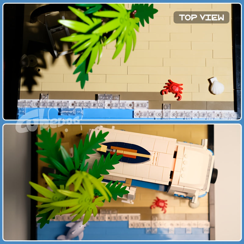 Holiday Beach RV Street View Building Block Set, Island Camping Scene Architecture Christmas Travel Bus Car Model Toy, Multiple Opening And Closing Designs, Halloween Decoration Gift, 1001pcs