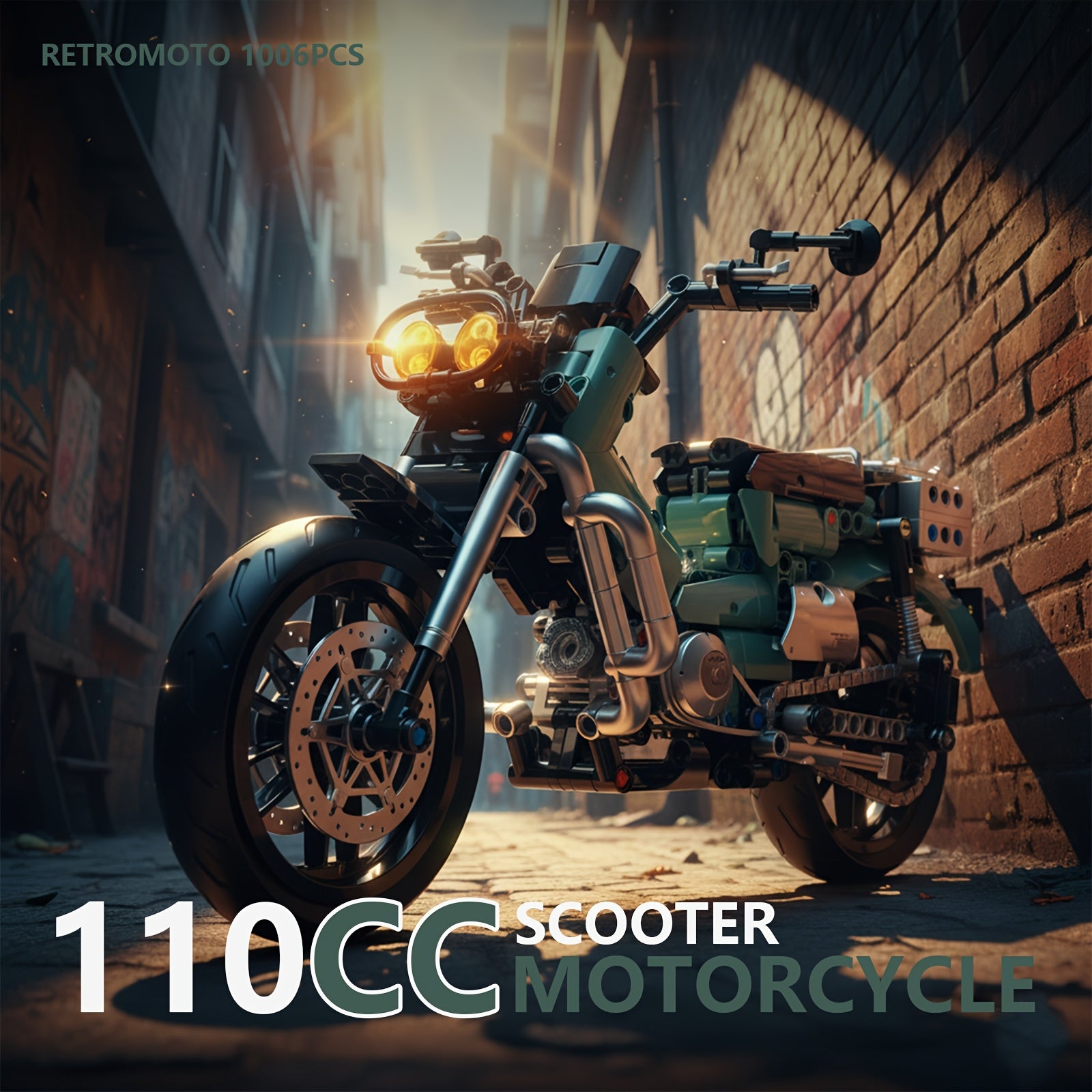 1006pcs 1:8 Scale 110CC Motorcycle Building Set with Realistic Engine, Suspension & Brakes - Green Retro Scooter Model Kit for s &, Collectible Toy Replica, Challenging Assembly (Compatible with Motorcycle Enthusiasts)