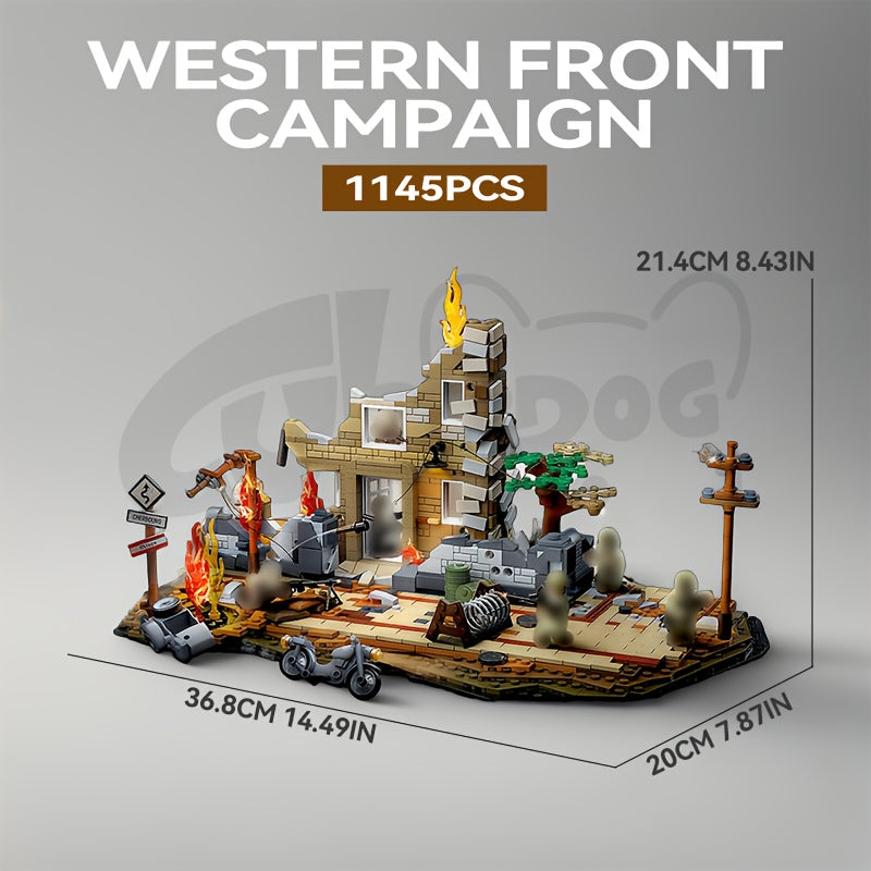 Western Front Battle Ruins Scene Building Set, Historical Simulation Street Scene Toy, Includes Six Soldier and Equipment Models, Gift for Military History Enthusiasts, 1100+pcs