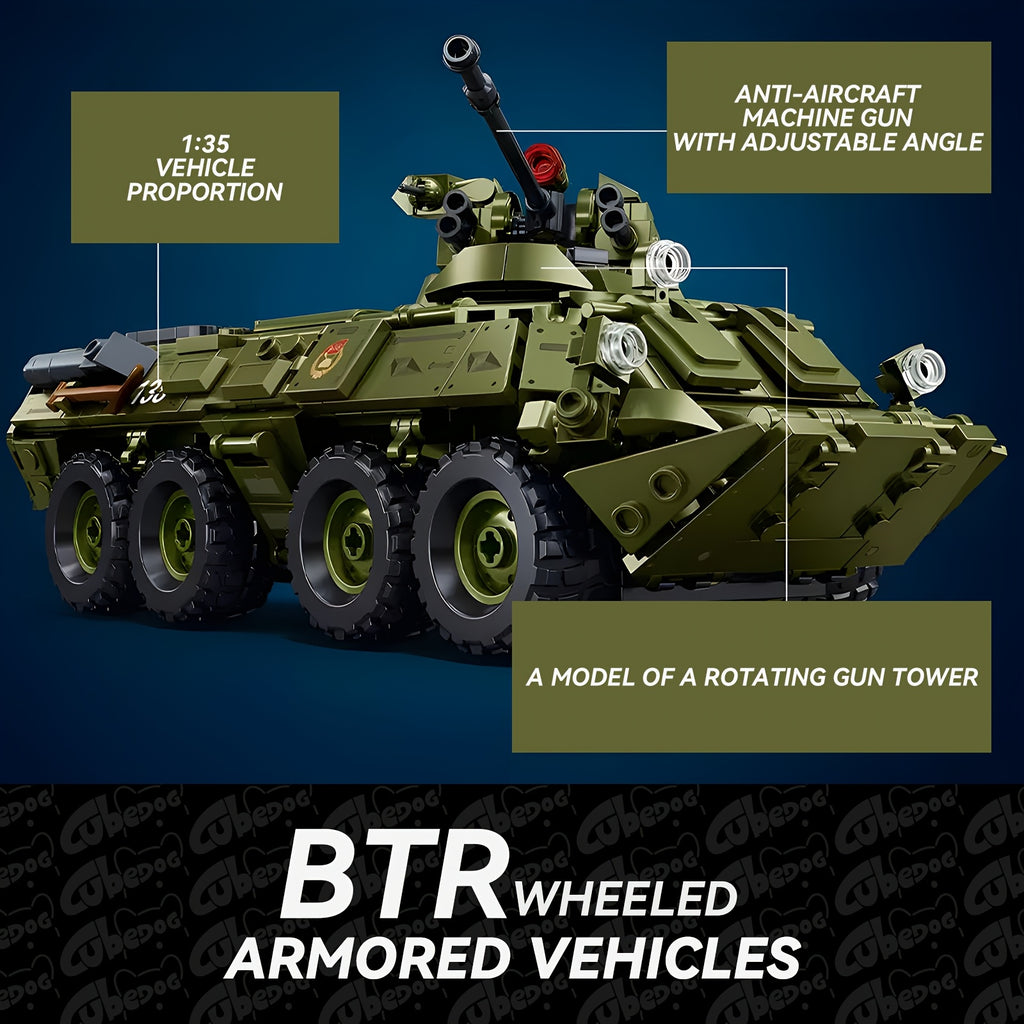 1004pcs BTR Wheeled Armored Vehicle Building Blocks Set, Military Series Armored Transport Vehicle Assembly Toy Model, Armored Vehicle Set Includes Four Soldier Members