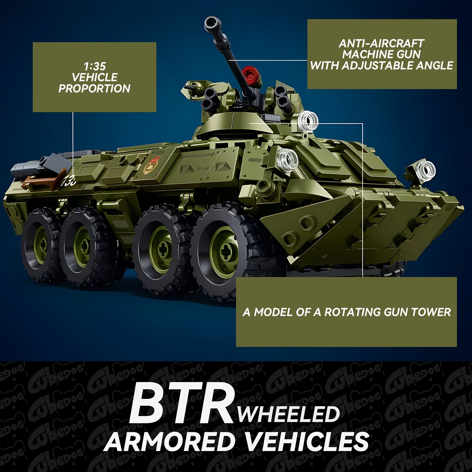 1004pcs BTR Wheeled Armored Vehicle Building Blocks Set, Military Series Armored Transport Vehicle Assembly Toy Model, Armored Vehicle Set Includes Four Soldier Members